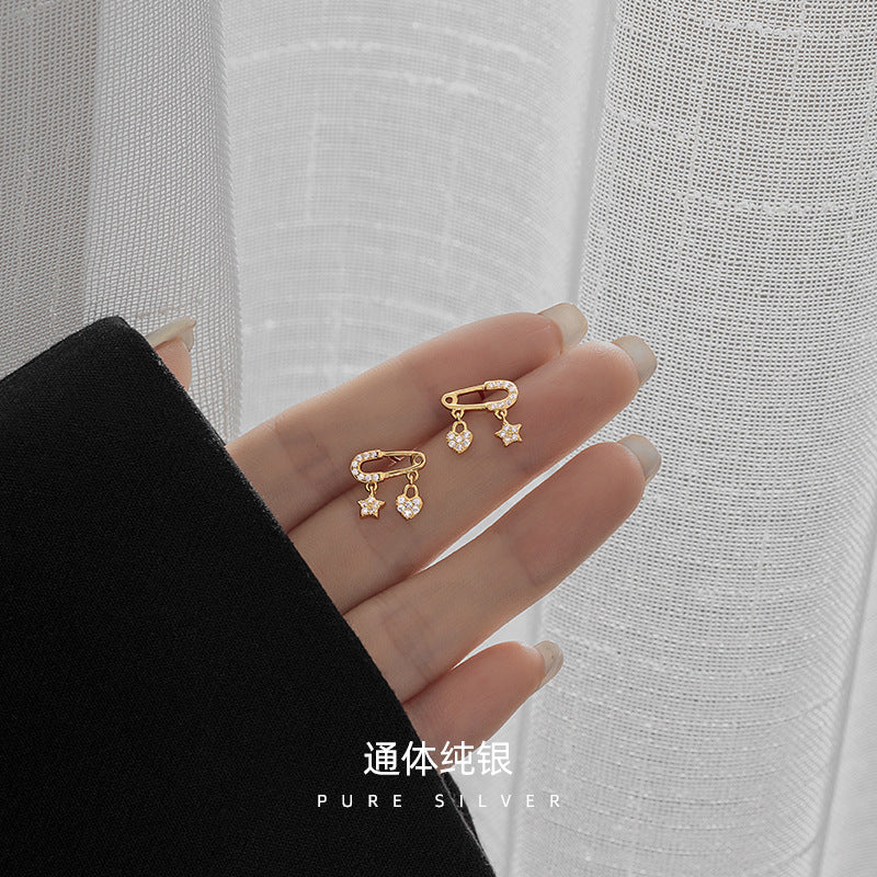 Pave Safety Pin Earrings with Star Heart Pendant