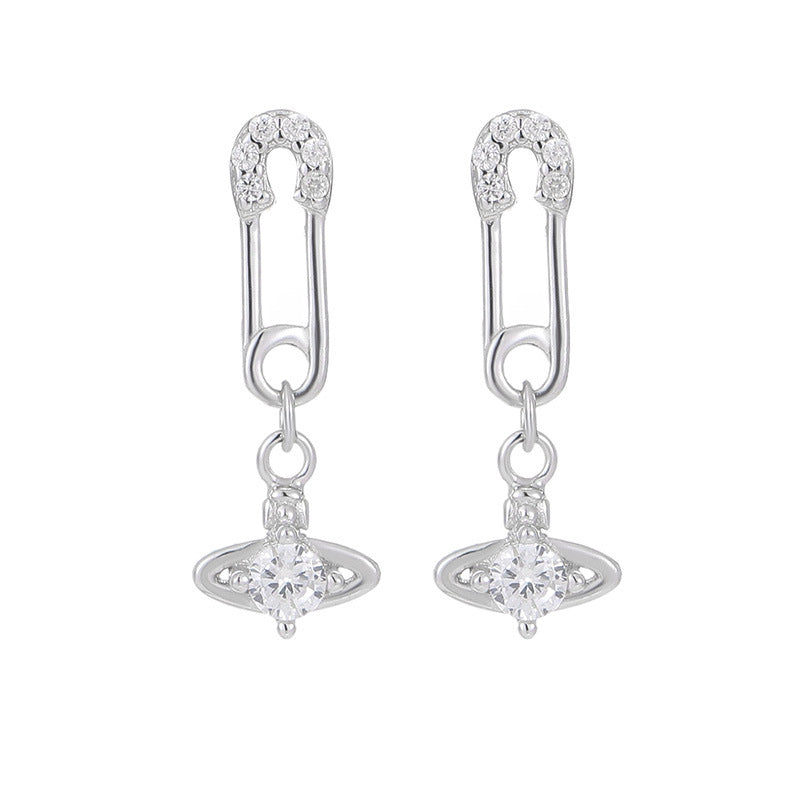 Pave Planet Drop Earrings with Paperclip Chain