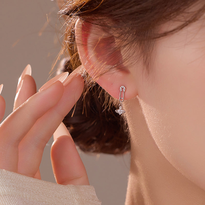 Pave Planet Drop Earrings with Paperclip Chain