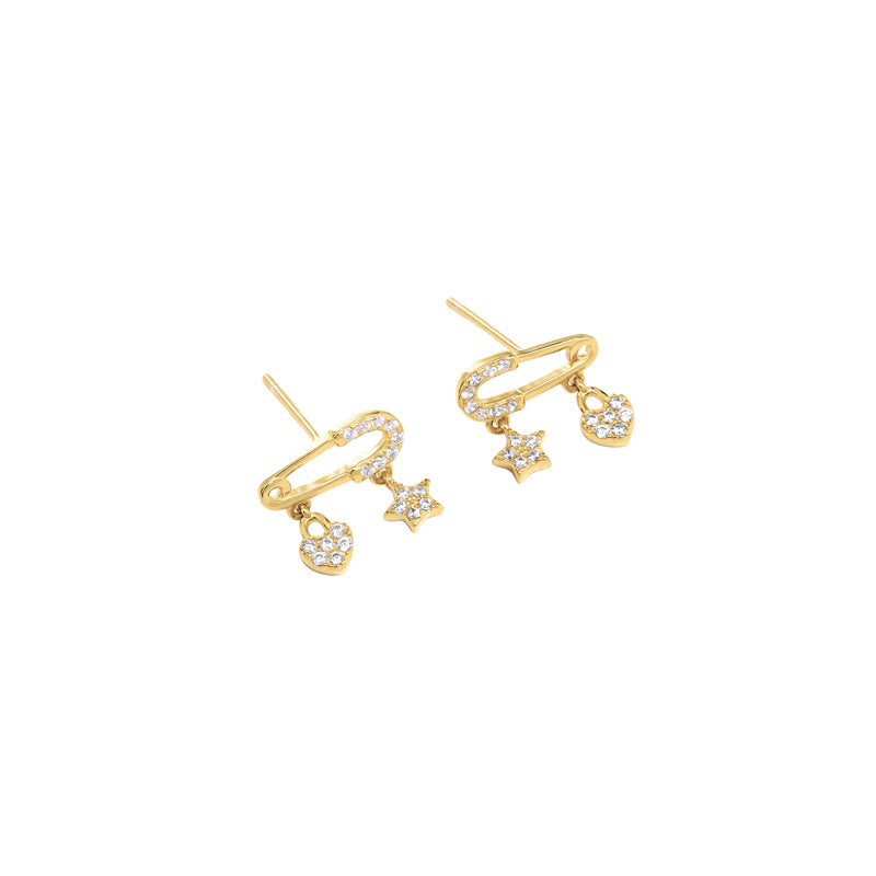 Pave Safety Pin Earrings with Star Heart Pendant