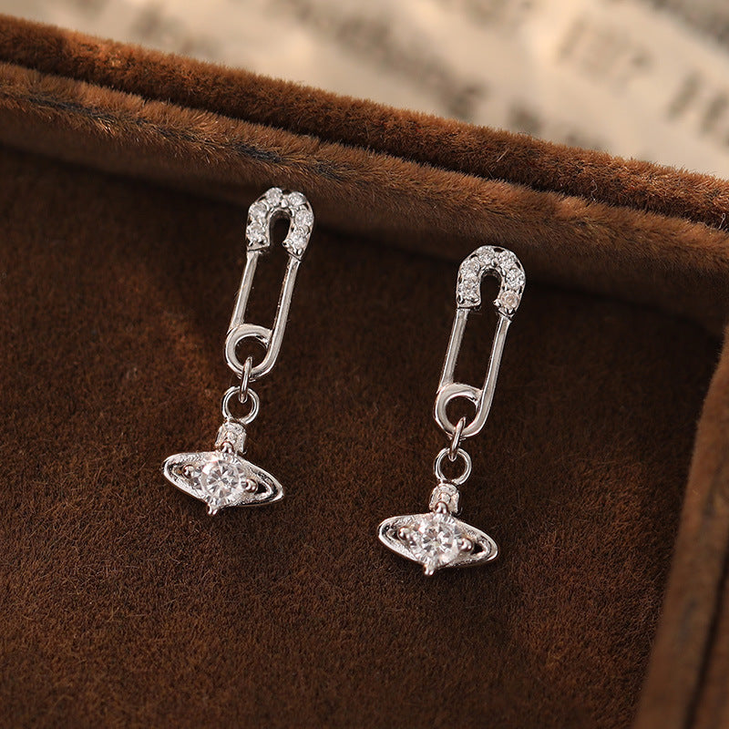 Pave Planet Drop Earrings with Paperclip Chain