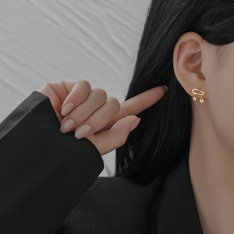 Pave Safety Pin Earrings with Star Heart Pendant