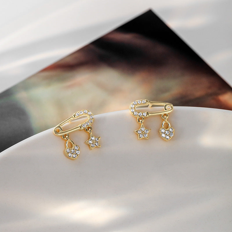 Pave Safety Pin Earrings with Star Heart Pendant
