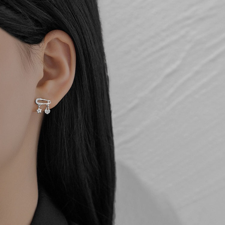Pave Safety Pin Earrings with Star Heart Pendant